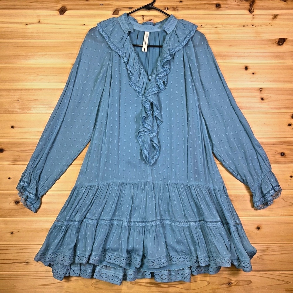 Anthropologie Dress Womens XS Virginia Blue Tiered Ruffled Swiss Dot Boho Dress